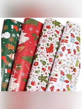 CHRISTMAS WRAPPING PAPER HEAVY DUTY 12 SHEETS NEW FACTORY SEALED SNOWMEN TREES